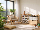 Wooden Toy Storage with Rolling Chest, 2 Fabric Drawers, 2 Shelves & 9 Bins, Mobile Toy 28337463