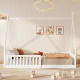 Twin Size Wood House Bed with Fence, White N709P183348K