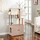 Cat Tree with Litter Box Enclosure - Modern Cat Condo with Scratching Posts, Feeding Bowl & W1687P304380