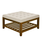 ZUN Upholstered Coffee Table Tufted Linen Large Square Ottoman with Beech Wood Shelf and Frame, W2353P183805