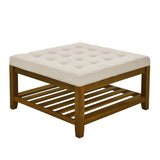 ZUN Upholstered Coffee Table Tufted Linen Large Square Ottoman with Beech Wood Shelf and Frame, W2353P183805