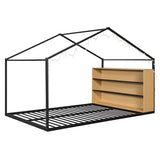 Full Size Metal Bed House Bed Frame with Shelves and Lights, Black N737P176706B
