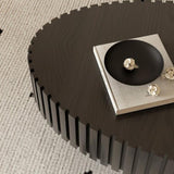 Oval Coffee Table Handcrafted Relief Sturdy Pedestal Wooden Olive-Shaped Tea Table for Living Room W3081P255089