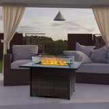 Outdoor Fire Pit 50,000 BTU Propane Gas Fire Table with Lid Fireplace with Glass Wind Guard Wicker W213P266078