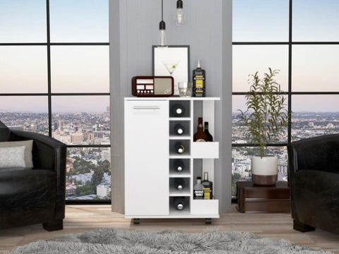 ZUN Bar Cart, Two External Shelves, Four Casters, Six Built-in Wine Rack, Single Door Cabinet -White B07091830