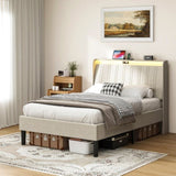 Twin Size Platform Bed Frame with Fabric Headboard and Wooden Slats Support, Fully W2889P272594