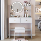 17" Round LED Mirror Vanity Table Soft Cushion Stool Suit, Large Mirror, Touch Switch, 3 colors, W3258P311347