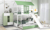 ZUN Twin over Twin Size House Bunk Bed with Convertible Slide and Trundle, White+Green 96145353
