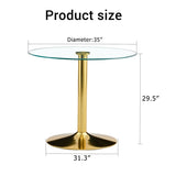 A 35-inch diameter glass top and a modern, minimalist round dining table with gold metal legs. Ideal W1151P263755