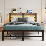 Full Size Metal Bed Frame with Wooden Headboard, RGB Lights, Charger, Storage Shelf, Noise-Free, No W840P209896