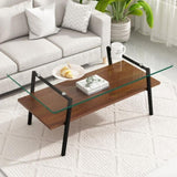 ZUN Rectangle Coffee Table, Tempered Glass Tabletop with Black Metal Legs, Modern Table for Living Room 54832432