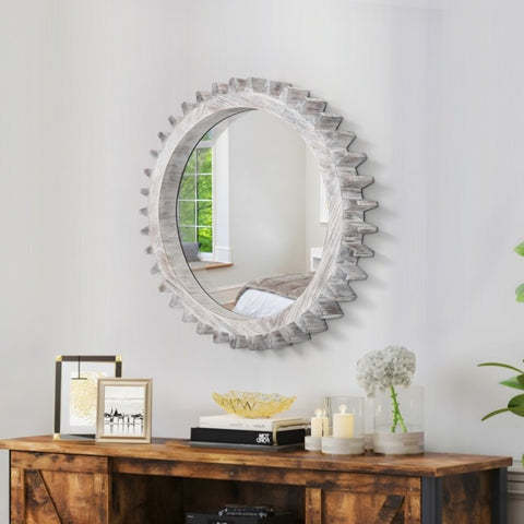 ZUN Vintage 17'' x 17'' Wood Round Hanging Gear Shape Decorative Mirror Patchwork Effect With Large-size W1445P171984