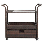 ZUN Outdoor Patio Wicker Rattan Serving Bar Cart Sideboard On Wheels Brown Gradient 72384423