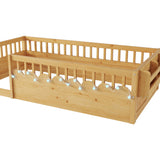 Twin Montessori Floor Bed Frame with High Rails, Wood Kids Floor Beds with Light and Storage Shelf, W2593P333571