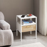 ZUN 15.75" Rattan End table with Power Outlet & USB Ports , Modern nightstand with drawer and metal W1265121769