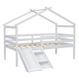 ZUN Twin Low Loft House Bed with Slide, Ladder, Safety Guardrails, House Roof Frame,White 99079032