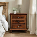 Brown P2 particle board with 3D paper solid wood legs 63*44.5*68.5CM three drawers bedside table 04124081