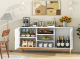 Natural & White Buffet Cabinet with Bamboo Woven Patterns, 3 Open Shelves & 2 Cabinets 12554102