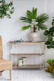43.5x14x32" Three-Tiered White Wooden Shelving Unit with Ornate Iron Frame W2078P201140