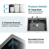 Kitchen Sink, 30x19 Single Bowl, Overmount Handmade Sink in Black, with US Standard Drain and 09418376