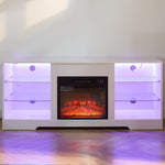 ZUN TV Stand Electric Fireplace Glass Shelves, 3D Fireplace TV Stand with LED Lights Wood with USB W1758P210372