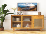 Natural Bamboo Sideboard Cabinet with Rattan Door, Sliding Door & Pull-Out Drawer, 5-Leg Rubber Wood 48150177