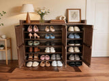 Walnut Entryway Shoe Storage Cabinet with Slatted Doors, Modern Wooden Hallway Console Table with W3417P524604