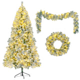 6FT Snow Flocked Christmas, Pre-Lit Set with & Garland & Wreath, Artificial Hinged Xmas N704P199472A