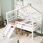 ZUN Twin Low Loft House Bed with Slide, Ladder, Safety Guardrails, House Roof Frame,White W504P145316