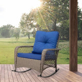 Rattan rocking chair with sparse backrest, grey rattan and blue cushion 89881291