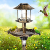 ZUN Outdoor Solar Lighted Pedestal Bird Bath Resin Fountain Decoration with Planter and Feeder, 54485687