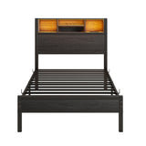 Twin Size Bed Frame with Storage Headboard, Metal Platform Bed with Charging Station, Bookcase W840P201065