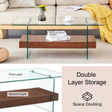 ZUN 43.3 Inch Modern Two-Tier Coffee Table - An Elegant Combination of Clear Glass and Dark Wood Texture W2920P226069