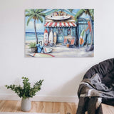 Blue Beach House Surfboard Coconut Tree Ocean Wall Art - Coastal Tropical Landscape Mural Print W3374P322225