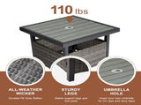 Outdoor Wicker Side Table with Umbrella Hole & Storage Space, Square PE Rattan End Table for Patio 01819860