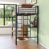 ZUN Twin Metal Loft Bed with Desk, Power Outlet and LED Lighted , Safety Guard & Ladder, No Box Spring W840P192240