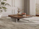 35.43" Square Walnut Coffee Table with Thickened Tabletop, Saddle Leather-Wrapped Edge and Polished W5909P583165