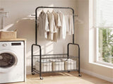 3-in-1 Rolling Clothes Rack with Storage Basket & Hooks, Metal Garment Rack for Laundry Bedroom 30051381