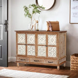 59.06" Chic Natural Wood Accent Cabinet, 4 Doord 3 drawers Sideboard Buffet with Adjustable Shelves, W2295P290643
