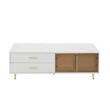 Modern White Coffee Table with 2 Glass Door Storage, 4 Drawers, Gold Metal Legs, and Multi-Color N735P167909