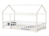 Twin Size House Floor Wooden Bed with Roof Frame,Safety Guardrails,White W504P286403