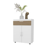 FM FURNITURE North Fork Shoe Rack, Pneumatic Lift-Up Compartment, Dual Doors, White and Natural Oak B128P301388