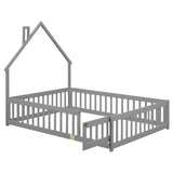 Full House-Shaped Headboard Floor Bed with Fence ,Grey W504119480
