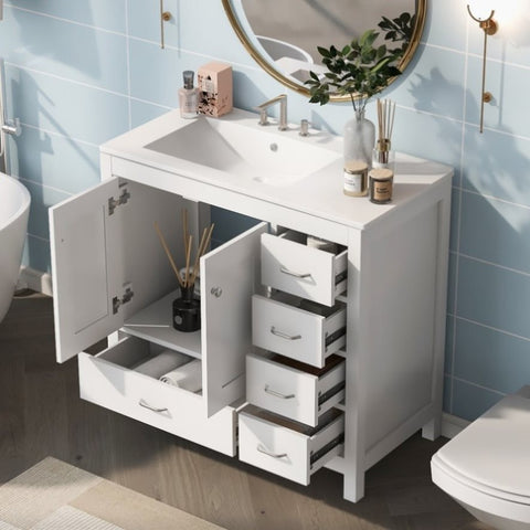 ZUN 36" White Bathroom Vanity with Ceramic Sink Combo, Abundant Storage Cabinet -2 Soft-close doors and WF319798AAK