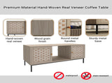 Elegant Veener Weaving Design Coffee Table with 4 Sliding Door, Wooden Center Rectangular Table with 80118663