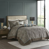 5 Piece Jacquard Bedspread Set with Throw Pillows Blue/Brown Queen B03597489