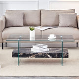 ZUN 43.3 Inch Modern Two-Tier Coffee Table - An Elegant Combination of Clear Glass and Black Marble W2920P226071