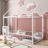 Twin Size Metal Bed House Bed Frame with Fence, for Kids, Teens, Girls, Boys, White MF304315AAK