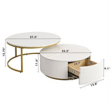 Modern Round Nesting Coffee Table Fluted with Drawer in White & Gold in 27.6" N735P254992K