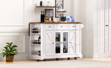 K&K 53'' Farmhouse Island with Two Tempered Glass Cabinet Doors, Power Outlet, Rolling N707P263637W